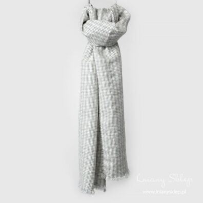 Szalik lniany z wełną w szarą kratkę. Unisex.