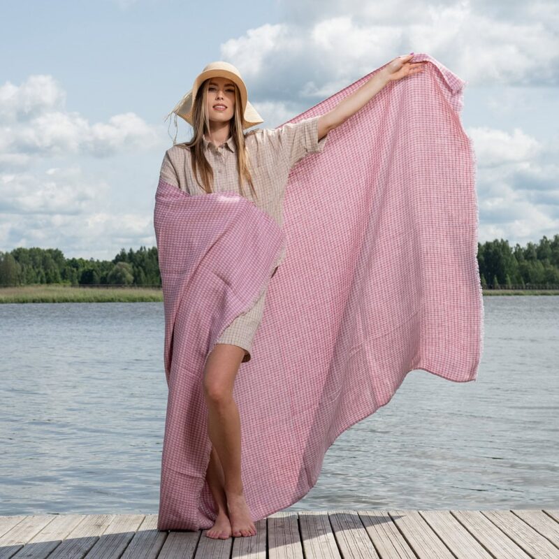 KORFU liliowy ręcznik plażowy w kratkę